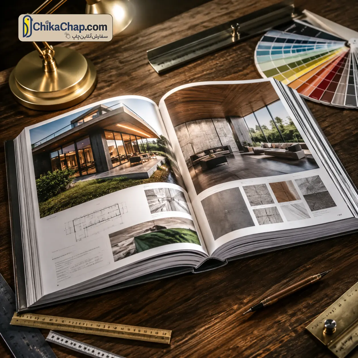 نمونه چاپ دیجیتال کارت ویزیت فوری، جزوه و پرینت سیاه و سفید باکیفیت بالا با روکش مات روی میز مدیریت